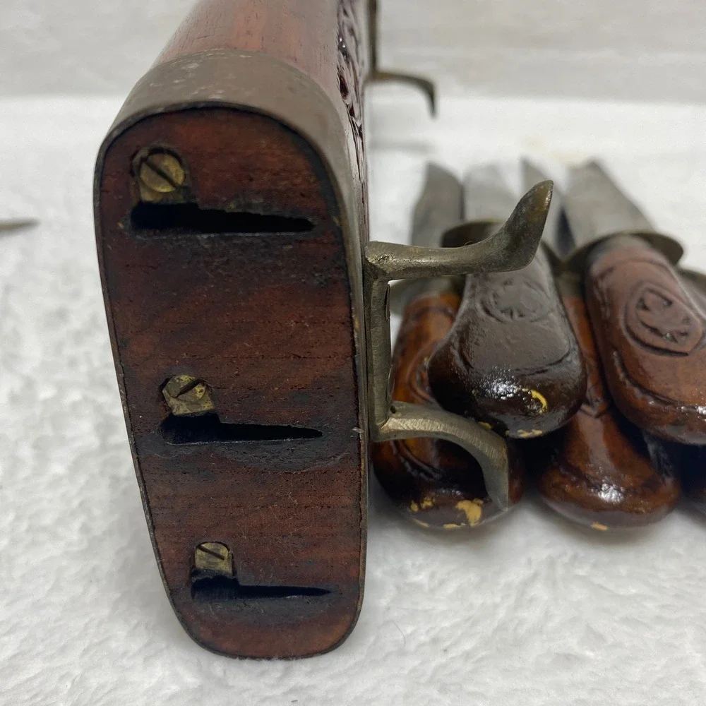 Vintage Carved Wood Steak Knives Set with Box, Antique Serving Knives, Set of‎ 6